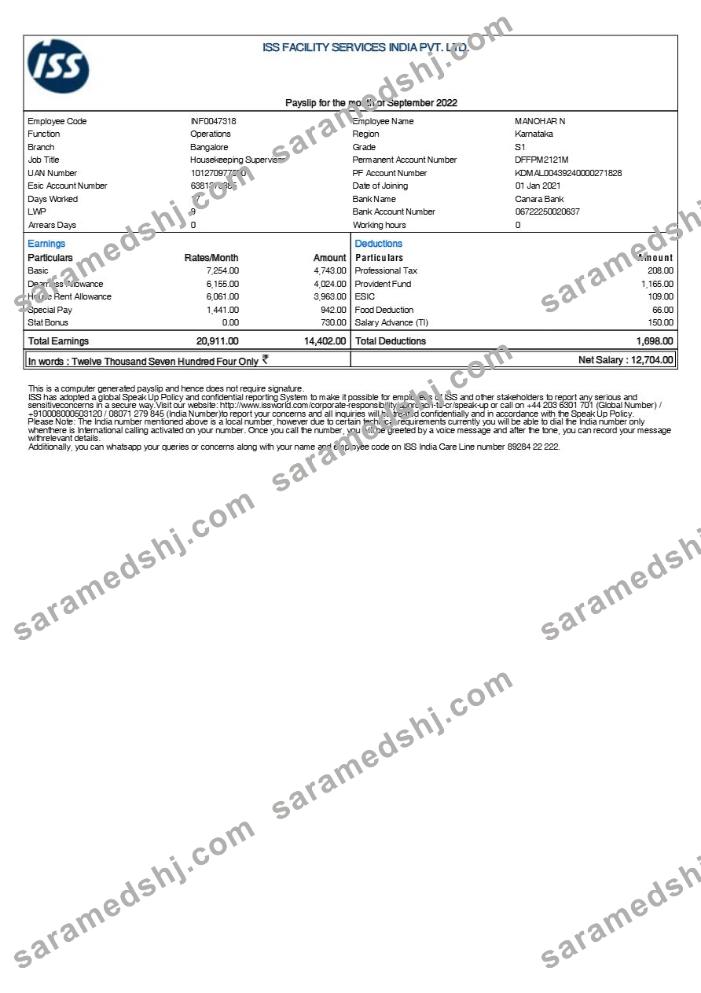 ISS facility services India payslip template in Word and PDF formats.pdf, 1